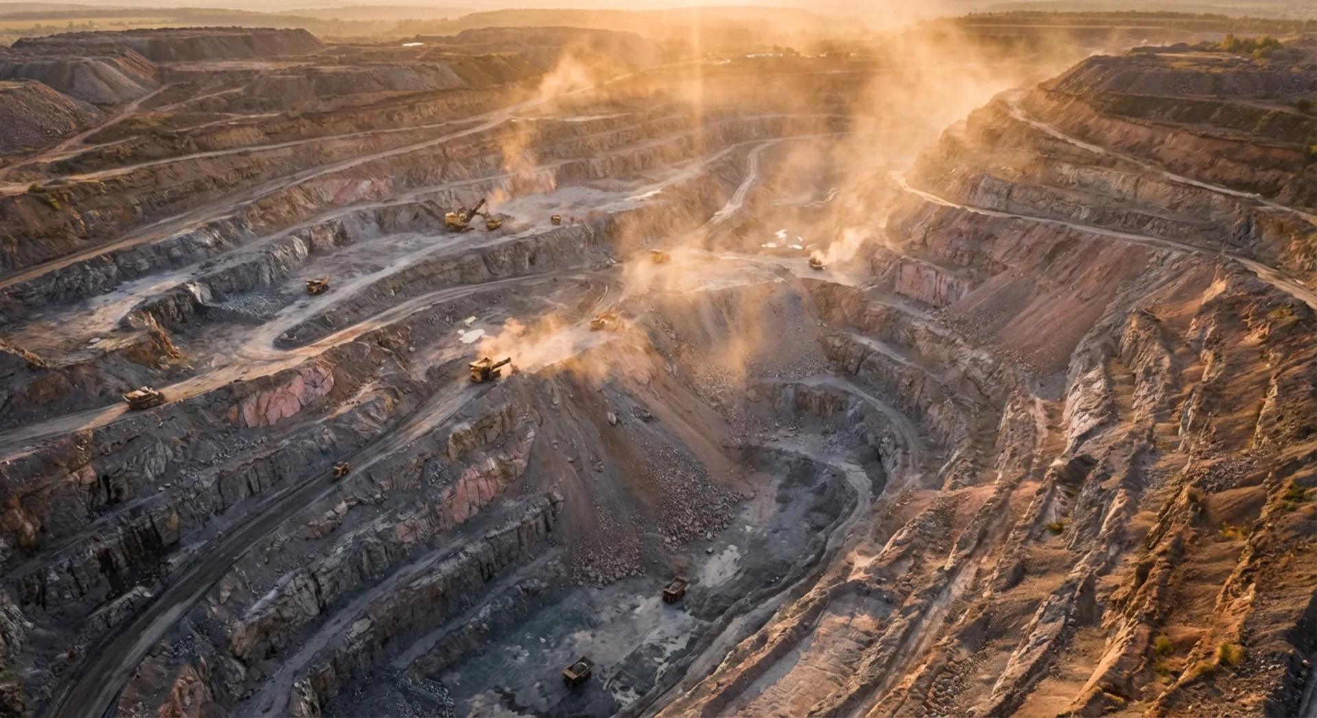 Large stone quarry with cut stone blocks and heavy equipment